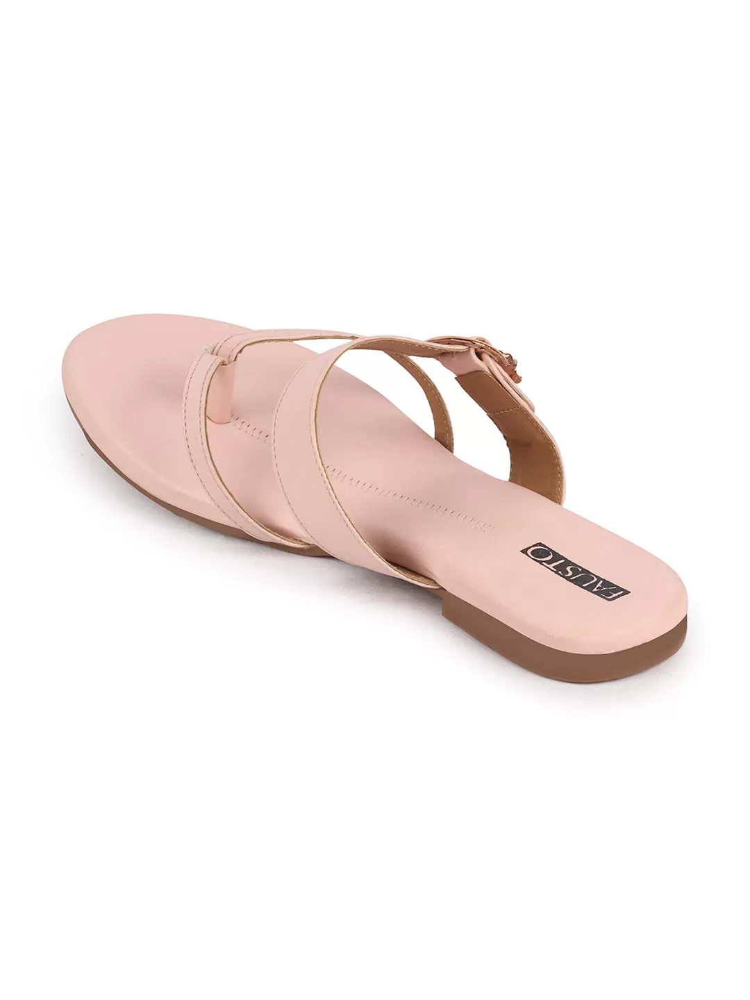 Women Pink Party Chrome Design Buckle Strap Thong Slip On Flats Slipper