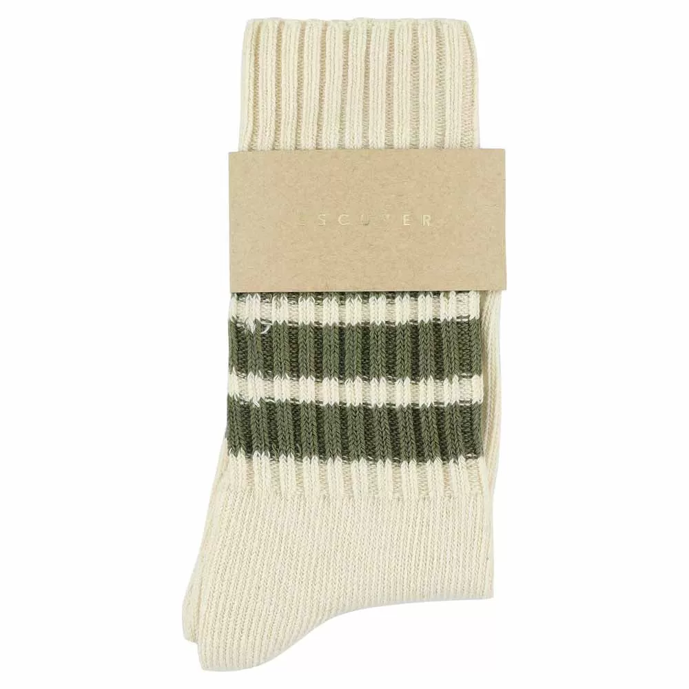 Women Stripes Crew Socks - Ecru / Khaki