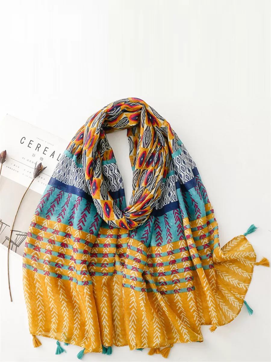 Women Summer Ethnic Print Tassel Shawl Scarf KL1020